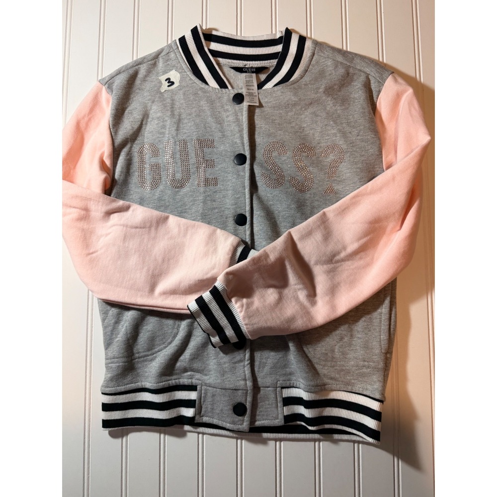 Guess Kids Girls Grey Pink Rhinestone Varsity Bomber Jacket Size M 10-12